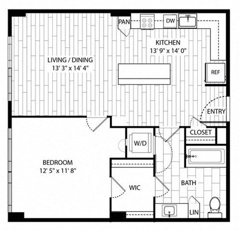 Floor plan for 1 bed, 1 bath, 755 sqft